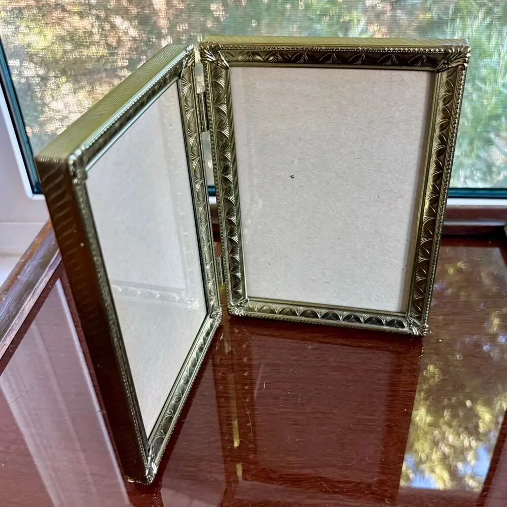 Vintage Hinged Double Picture Frame Gold Tone with Purple Velvet Back